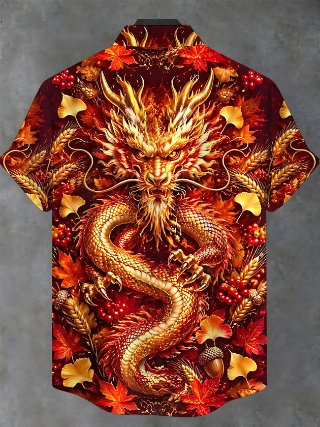 Adaychic Men's Short Sleeve Stand Collar Shirt - Autumn Dragon With Maple Leaves And Wheat Print with Chest Pocket