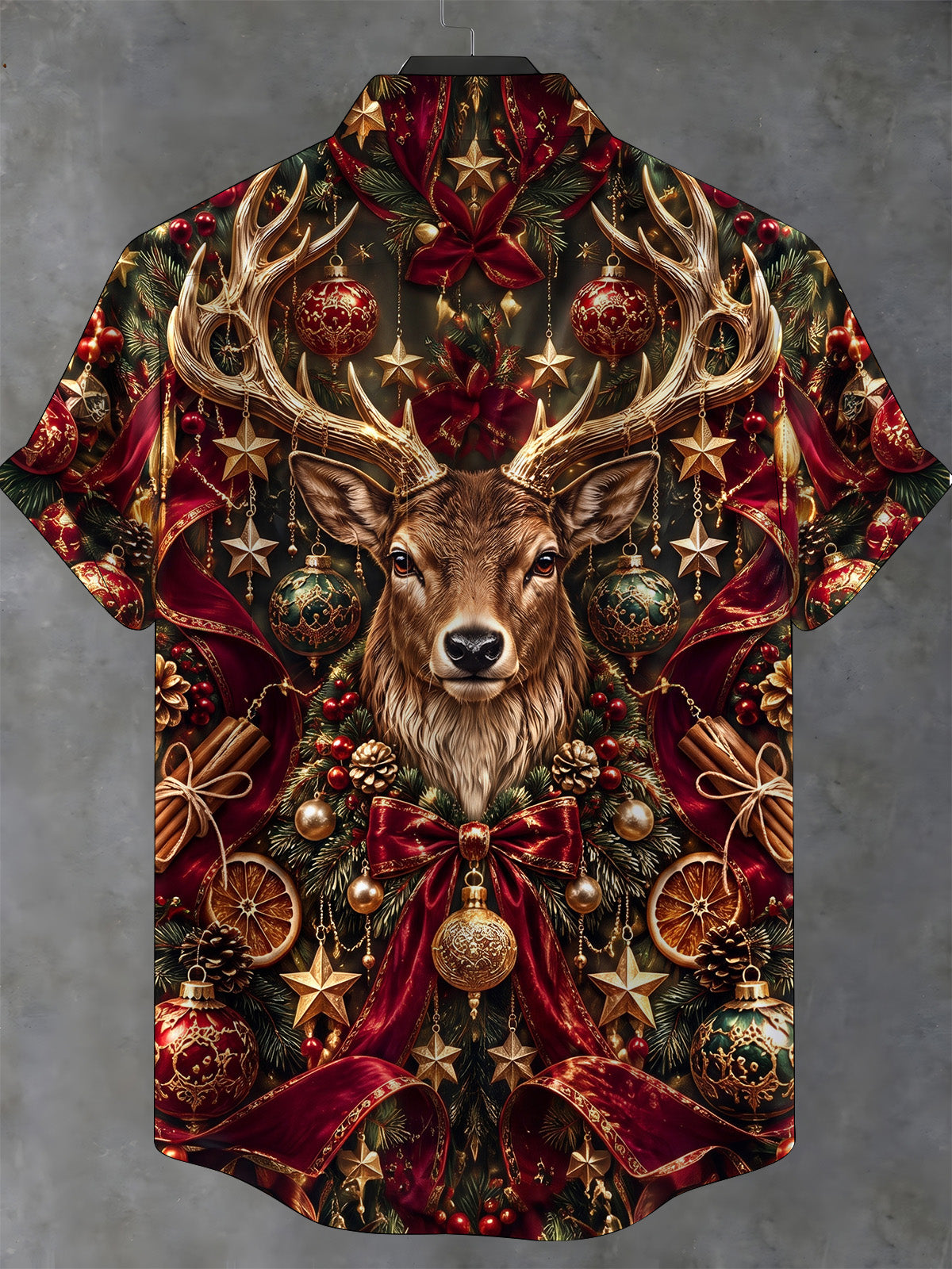 Adaychic Men's Hawaiian Christmas Elk And Ornaments Print Short Sleeve Shirt with Chest Pocket