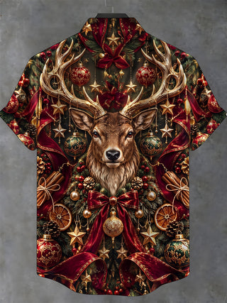Adaychic Men's Hawaiian Christmas Elk And Ornaments Print Short Sleeve Shirt with Chest Pocket