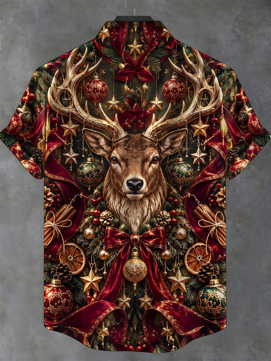 Adaychic Men's Hawaiian Christmas Elk And Ornaments Print Short Sleeve Shirt with Chest Pocket