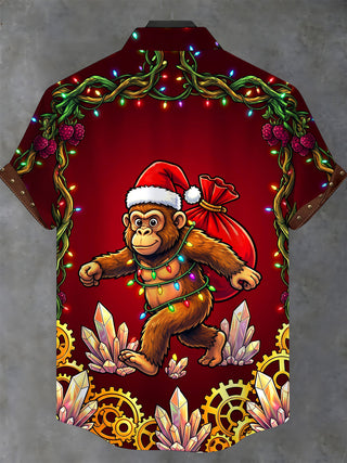 Adaychic Men's Short Sleeve Stand Collar Shirt - Monkey Wearing Santa Hat And Christmas Lights Carrying A Sack Print with Chest Pocket