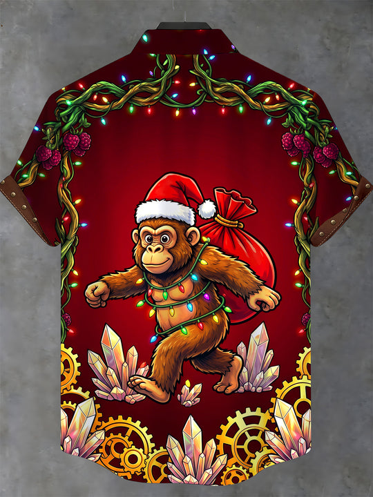 Adaychic Men's Short Sleeve Stand Collar Shirt - Monkey Wearing Santa Hat And Christmas Lights Carrying A Sack Print with Chest Pocket