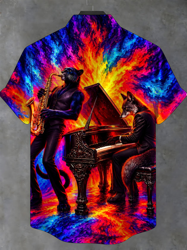 Adaychic Men's Short Sleeve Shirt - Anthropomorphic Wolf And Black Panther Musicians Print with Chest Pocket