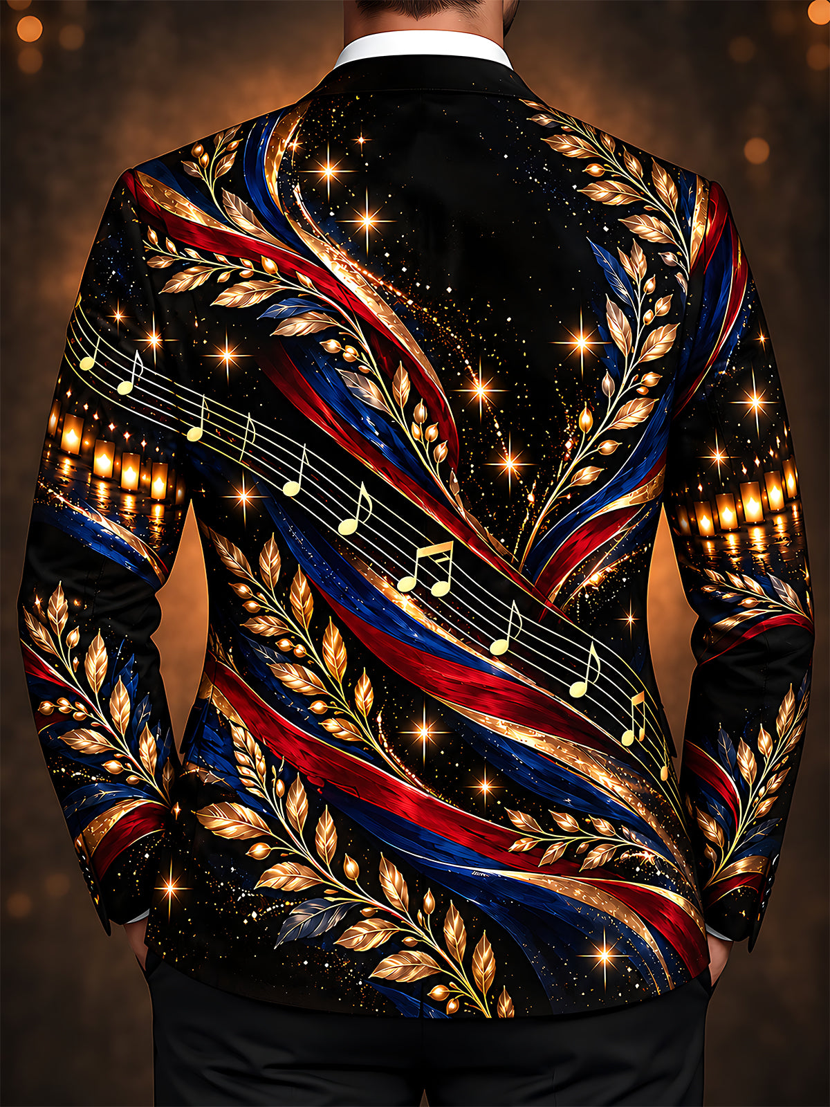 Adaychic Men's Long Sleeve Shirt - Veterans Day Musical Notes And Gold Leaves With Patriotic Ribbons Print with Chest Pocket