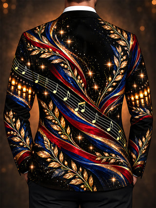 Adaychic Men's Long Sleeve Shirt - Veterans Day Musical Notes And Gold Leaves With Patriotic Ribbons Print with Chest Pocket