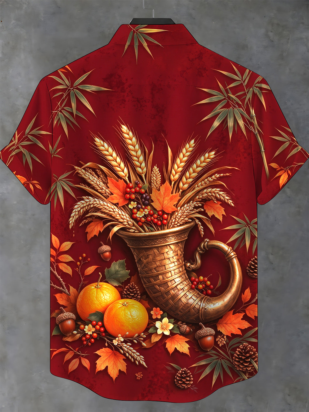 Adaychic Men's Short Sleeve Shirt - Thanksgiving Harvest Cornucopia With Wheat And Autumn Leaves Print with Chest Pocket