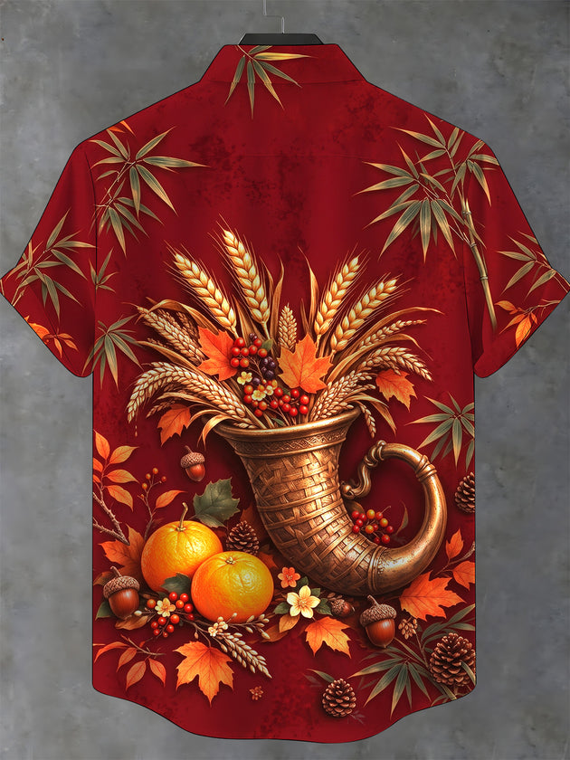 Adaychic Men's Short Sleeve Shirt - Thanksgiving Harvest Cornucopia With Wheat And Autumn Leaves Print with Chest Pocket