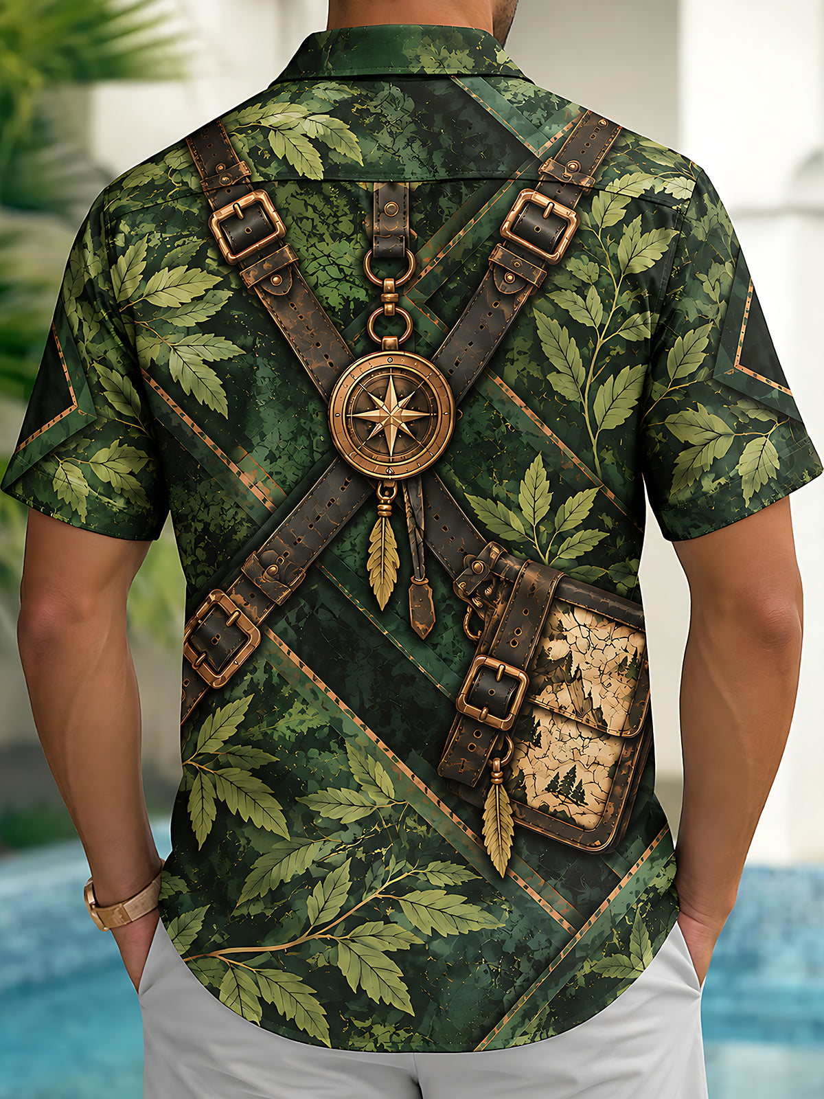 Adaychic Men's Printed Jungle Leaves And Explorer Gear Print Short Sleeve Shirt with Chest Pocket