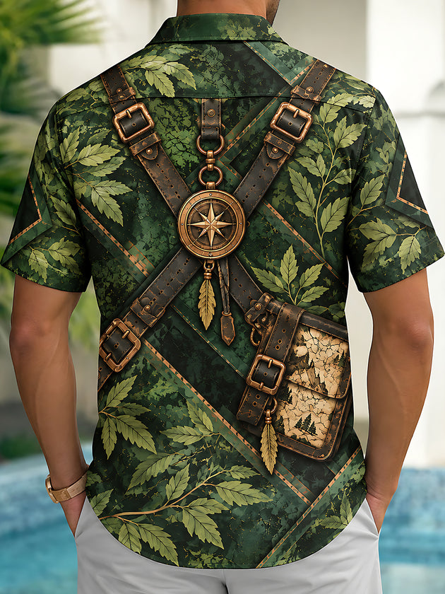 Adaychic Men's Printed Jungle Leaves And Explorer Gear Print Short Sleeve Shirt with Chest Pocket