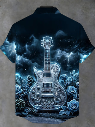Adaychic Men's Short Sleeve Stand Collar Shirt - Christmas Electric Guitar With Snowflakes And Reindeer Print with Chest Pocket