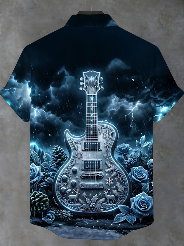 Adaychic Men's Short Sleeve Stand Collar Shirt - Christmas Electric Guitar With Snowflakes And Reindeer Print with Chest Pocket