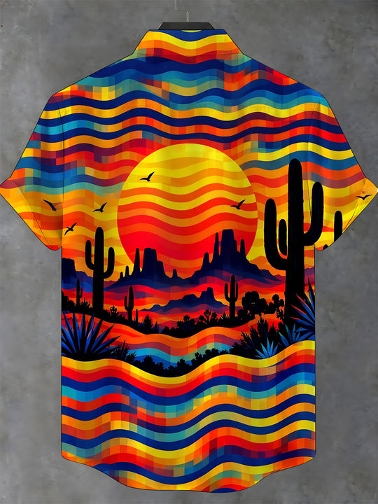 Adaychic Men's Short Sleeve Shirt - Desert Sunset Landscape With Cacti And Birds Print with Chest Pocket