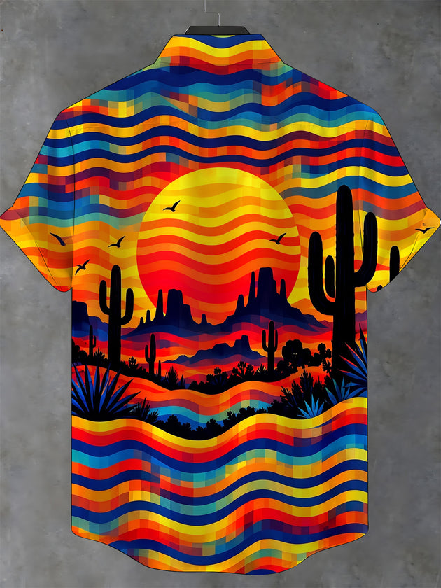 Adaychic Men's Short Sleeve Shirt - Desert Sunset Landscape With Cacti And Birds Print with Chest Pocket