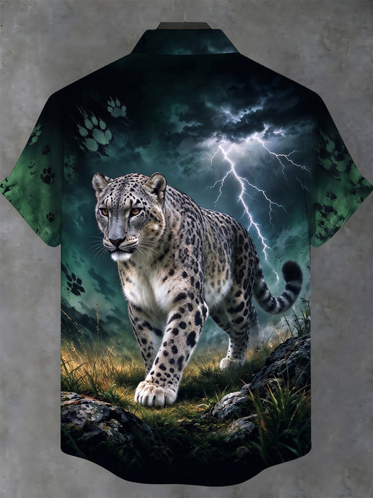 Adaychic Men's Snow Leopard Walking Print Short Sleeve Stand Collar Shirt with Chest Pocket
