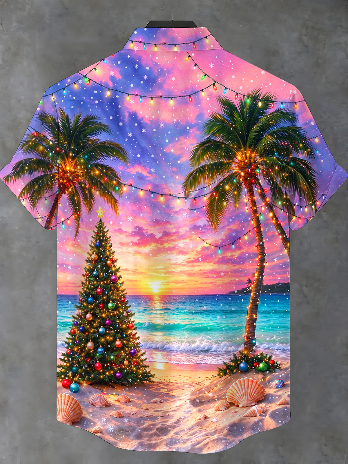 Adaychic Men's Short Sleeve Stand Collar Shirt - Christmas Tree And Ornaments On Beach Print with Chest Pocket