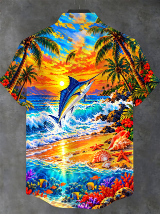 Adaychic Men's Short Sleeve Stand Collar Shirt - Sailfish And Tropical Beach Sunset Print with Chest Pocket
