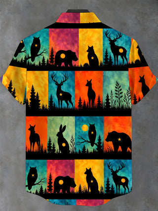 Adaychic Men's Forest Animals Silhouettes Print Short Sleeve Stand Collar Shirt with Chest Pocket