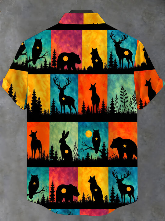 Adaychic Men's Forest Animals Silhouettes Print Short Sleeve Stand Collar Shirt with Chest Pocket