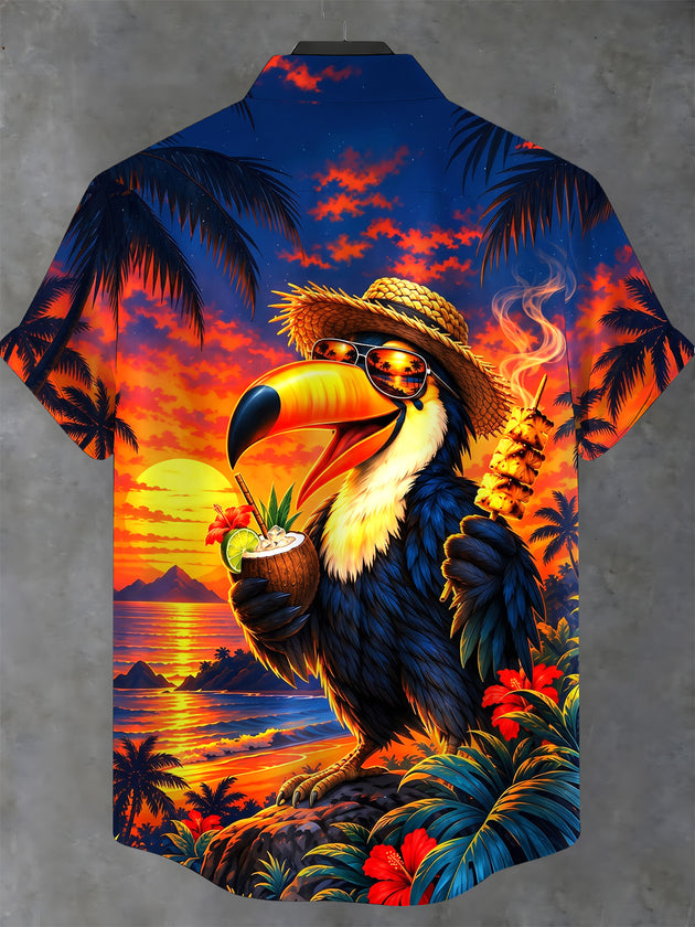 Adaychic Men's Short Sleeve Stand Collar Shirt - Big-billed Bird With Sunglasses And Straw Hat Print with Chest Pocket
