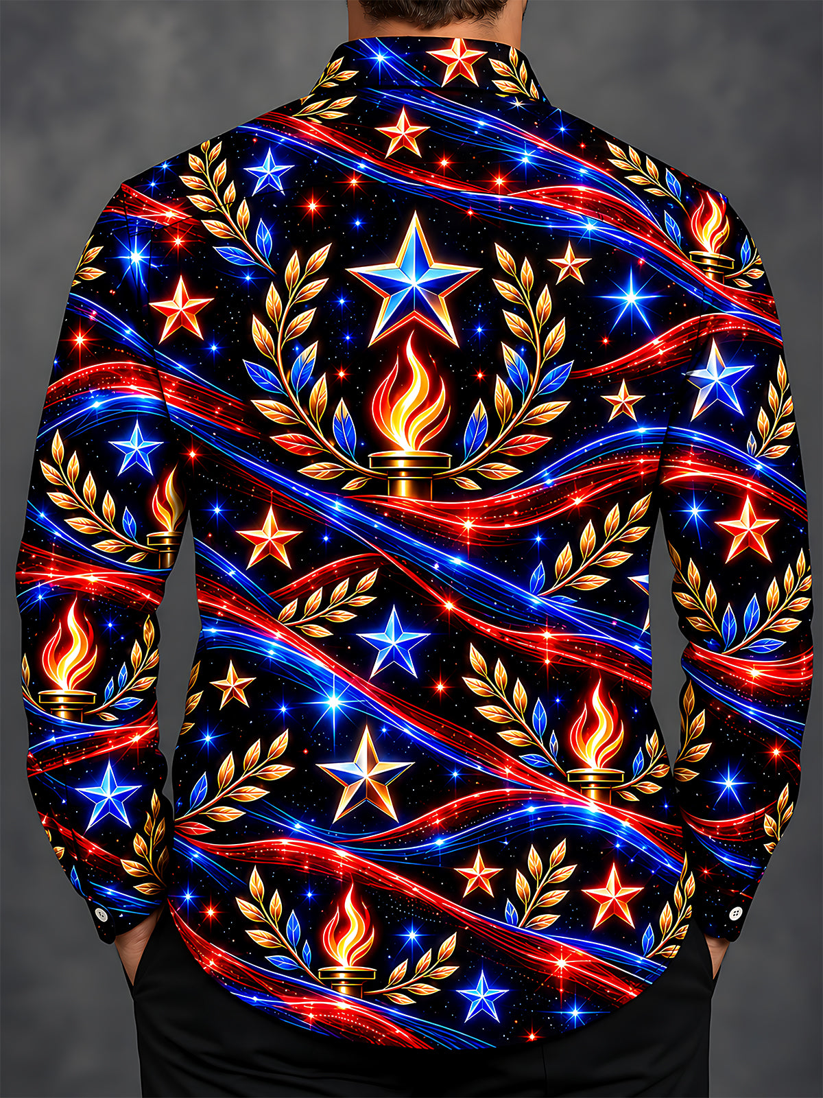 Adaychic Men's Long Sleeve Shirt - Veterans Day Patriotic Stars And Torches With Laurel Wreaths Print with Chest Pocket