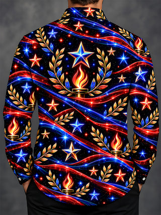 Adaychic Men's Long Sleeve Shirt - Veterans Day Patriotic Stars And Torches With Laurel Wreaths Print with Chest Pocket