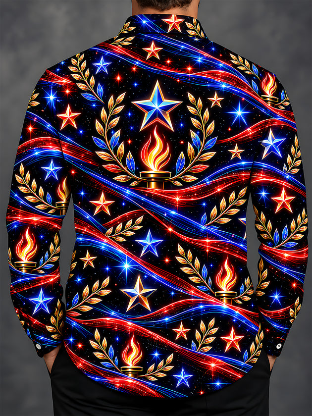 Adaychic Men's Long Sleeve Shirt - Veterans Day Patriotic Stars And Torches With Laurel Wreaths Print with Chest Pocket