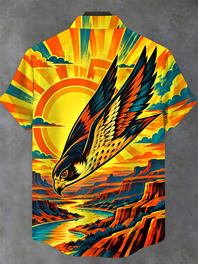 Adaychic Men's Short Sleeve Stand Collar Shirt - Eagle Flying Over Canyon Landscape Print with Chest Pocket