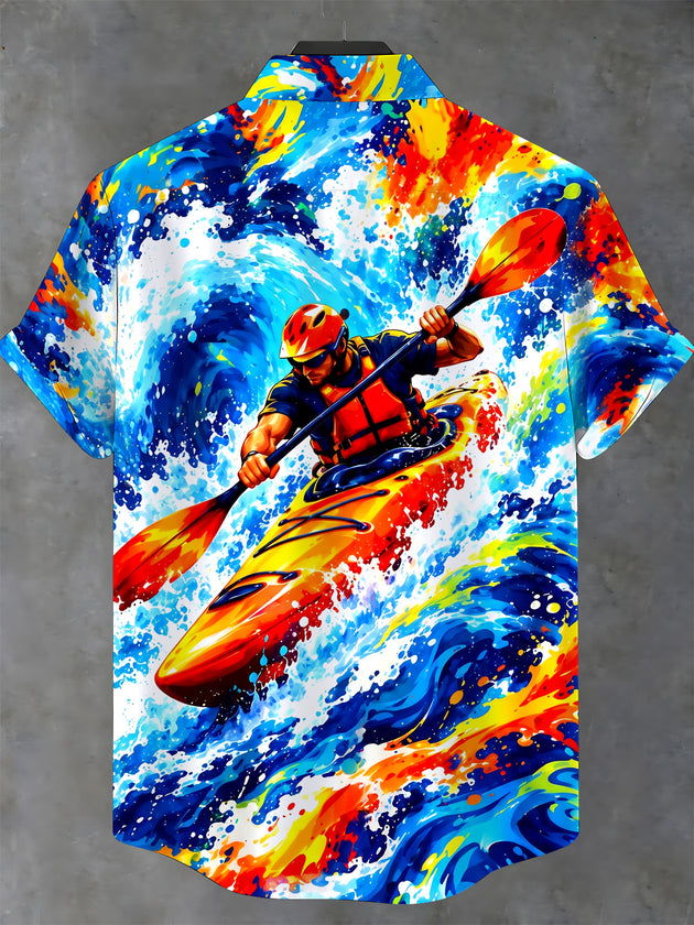 Adaychic Men's Short Sleeve Stand Collar Shirt - Canoeing Sport Man In Kayak With Paddle Print with Chest Pocket