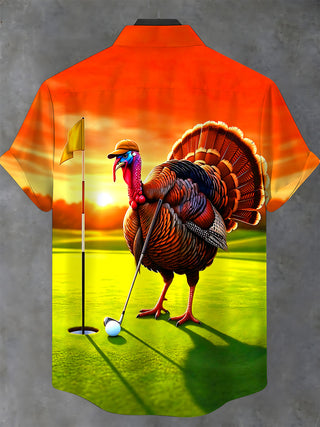 Adaychic Men's Short Sleeve Stand Collar Shirt - Thanksgiving Turkey Playing Golf At Sunset Print with Chest Pocket