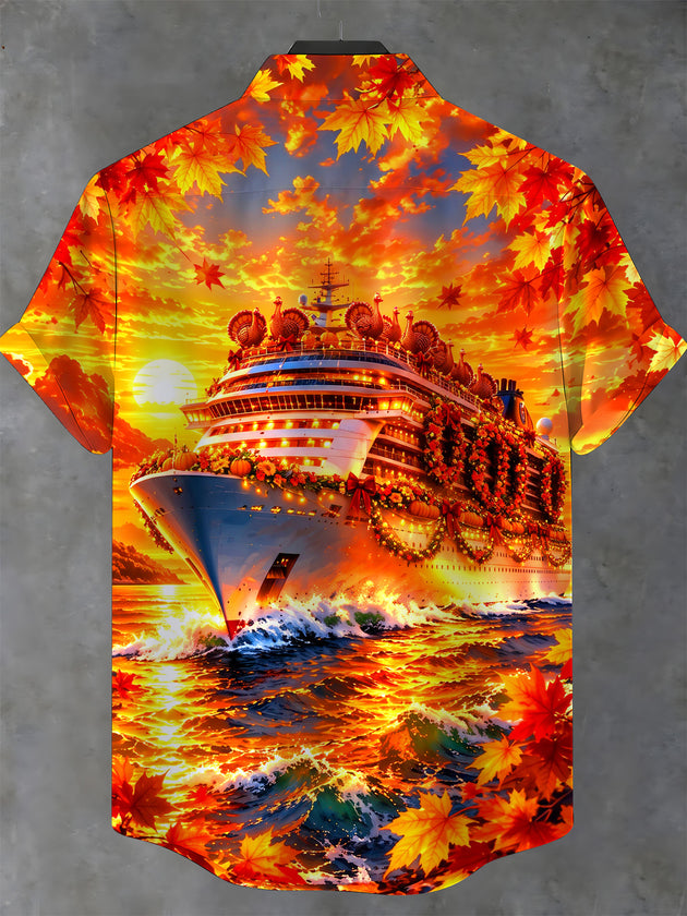 Adaychic Men's Short Sleeve Stand Collar Shirt - Thanksgiving Cruise Ship With Turkeys And Autumn Leaves Print with Chest Pocket
