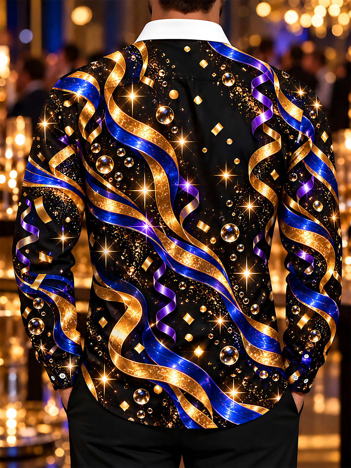 Adaychic Men's Long Sleeve Shirt - Gold And Blue Ribbons With Sparkles And Bubbles Print with Chest Pocket