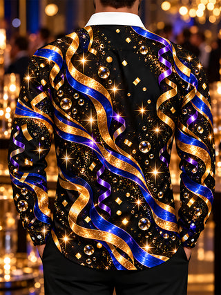 Adaychic Men's Long Sleeve Shirt - Gold And Blue Ribbons With Sparkles And Bubbles Print with Chest Pocket