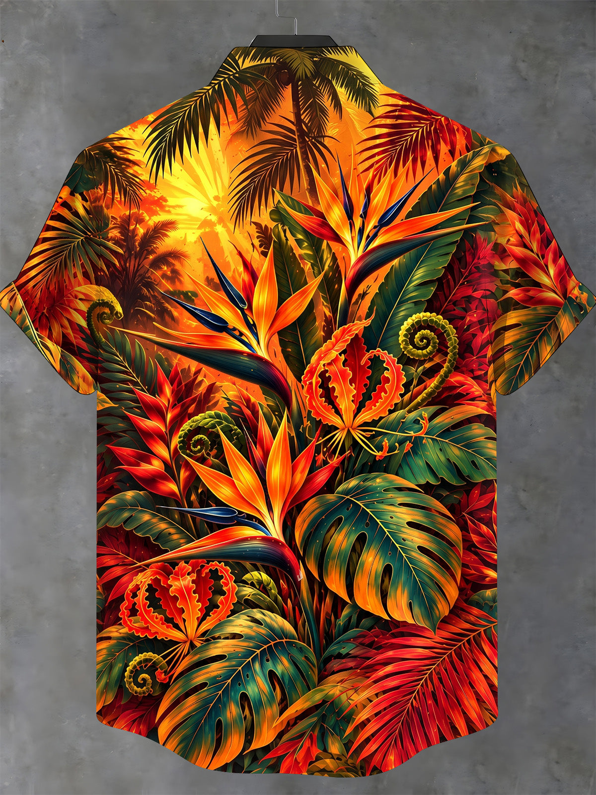 Adaychic Men's Short Sleeve Shirt - Tropical Jungle Plants And Birds Of Paradise Print with Chest Pocket