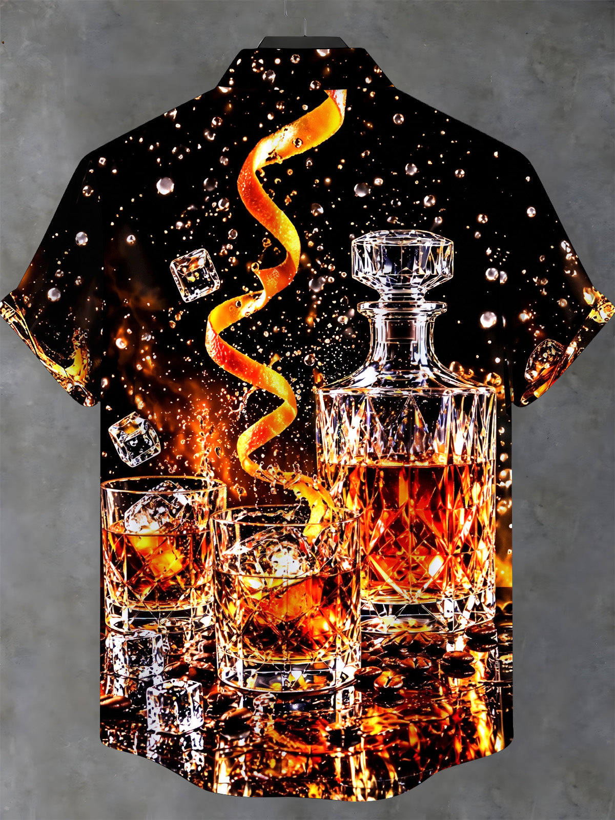 Adaychic Men's Short Sleeve Stand Collar Shirt - Whiskey Decanter And Glasses With Ice Cubes Print with Chest Pocket