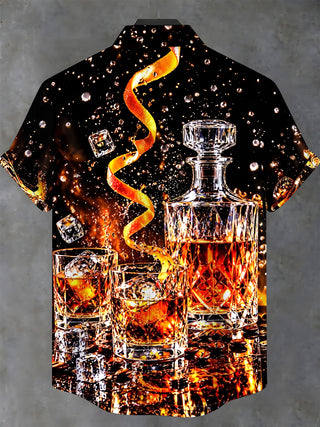 Adaychic Men's Short Sleeve Stand Collar Shirt - Whiskey Decanter And Glasses With Ice Cubes Print with Chest Pocket