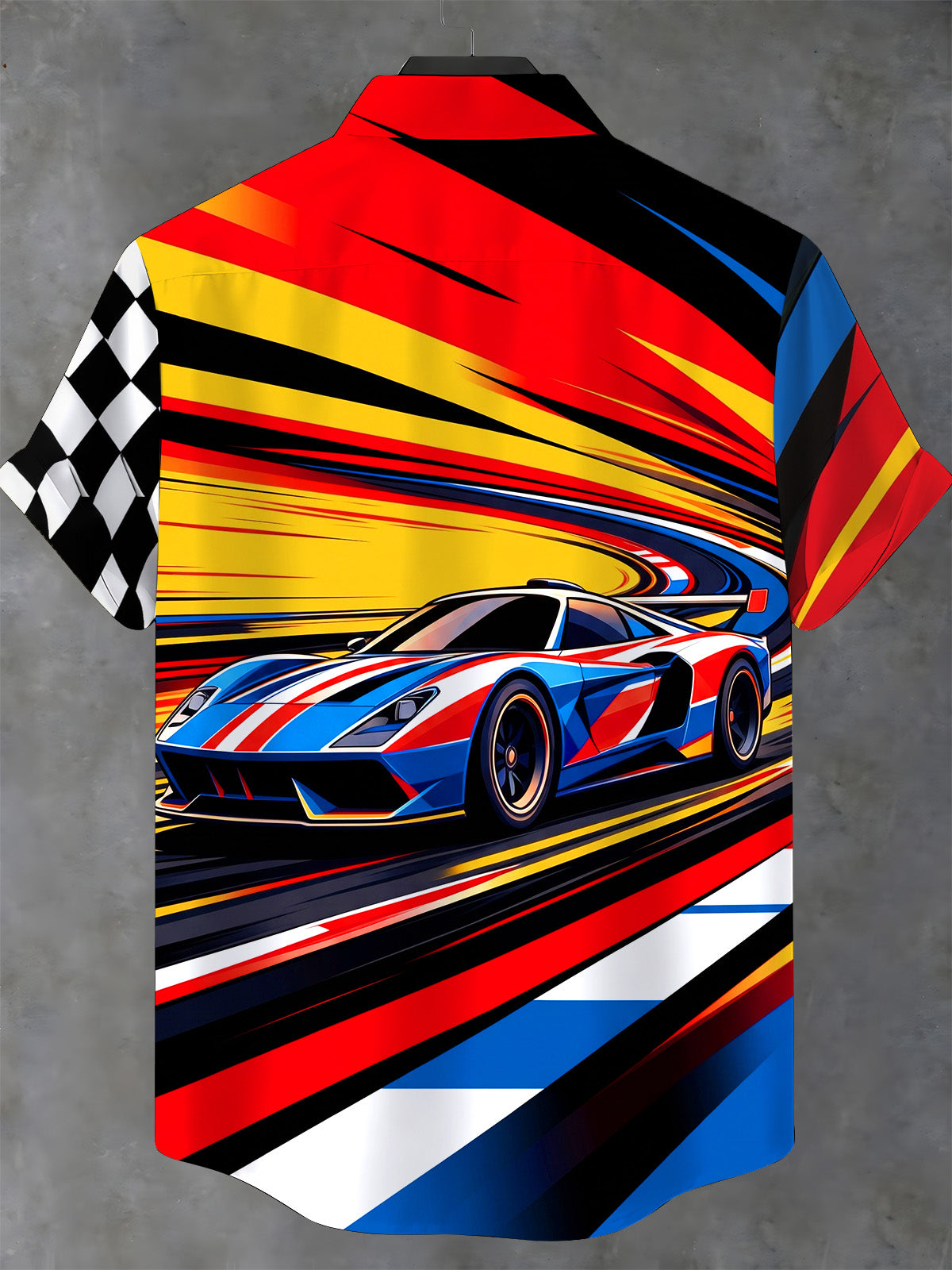 Adaychic Men's Short Sleeve Stand Collar Shirt - Racing Sports Car And Checkered Flag Print with Chest Pocket