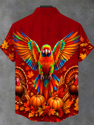 Adaychic Men's Short Sleeve Stand Collar Shirt - Thanksgiving Colorful Parrot And Turkeys With Autumn Leaves Print with Chest Pocket