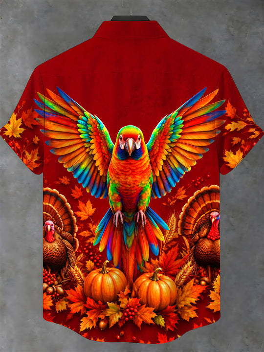 Adaychic Men's Short Sleeve Stand Collar Shirt - Thanksgiving Colorful Parrot And Turkeys With Autumn Leaves Print with Chest Pocket