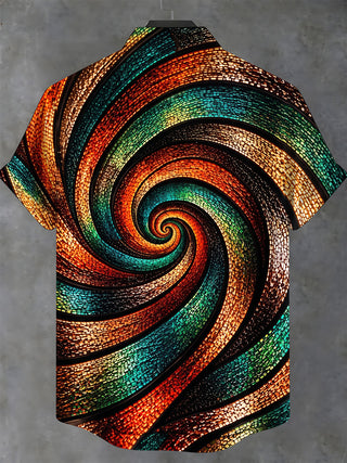 Adaychic Men's Patterned Abstract Swirling Mosaic Pattern Short Sleeve Shirt with Chest Pocket