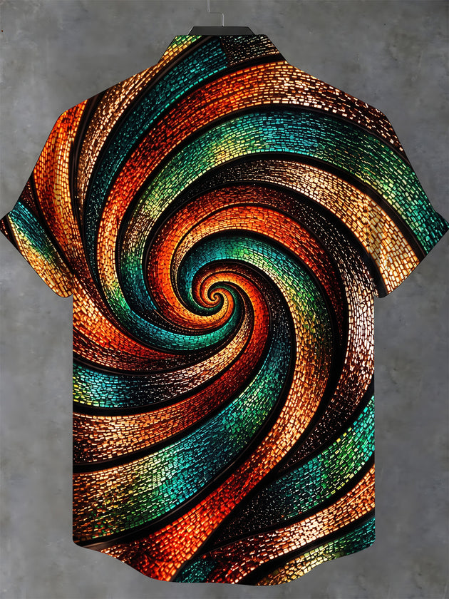 Adaychic Men's Patterned Abstract Swirling Mosaic Pattern Short Sleeve Shirt with Chest Pocket