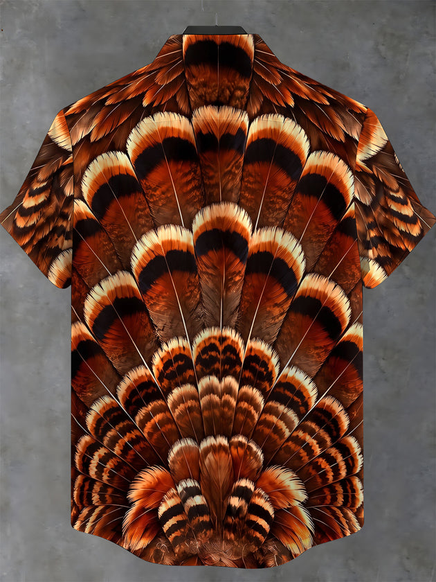 Adaychic Men's Thanksgiving Day Turkey Feathers Print Short Sleeve Shirt with Chest Pocket