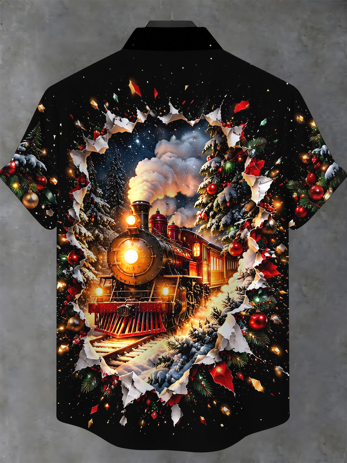 Adaychic Men's Christmas Steam Train And Snowy Forest Print Short Sleeve Shirt with Chest Pocket