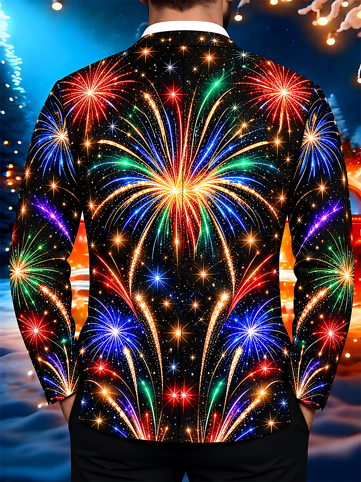 Adaychic Men's Printed Colorful Fireworks Print Long Sleeve Shirt with Chest Pocket