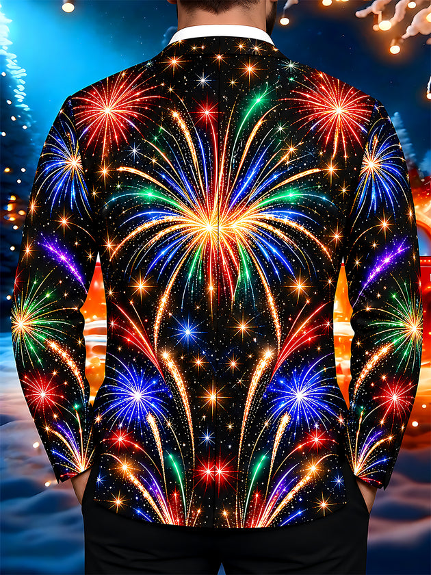 Adaychic Men's Printed Colorful Fireworks Print Long Sleeve Shirt with Chest Pocket