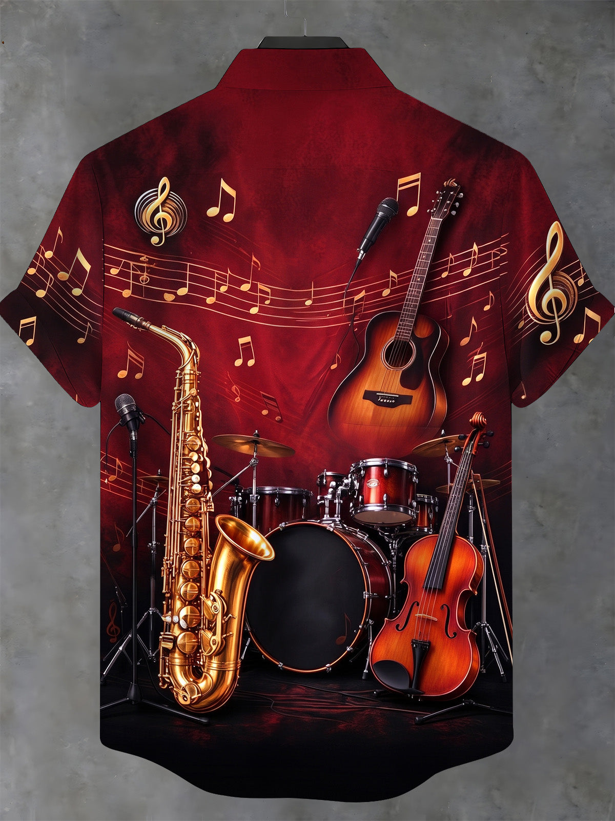 Adaychic Men's Short Sleeve Stand Collar Shirt - Musical Instruments And Notes Print with Chest Pocket