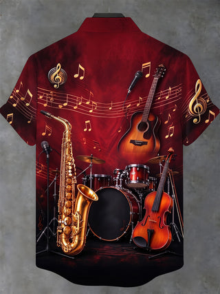 Adaychic Men's Short Sleeve Stand Collar Shirt - Musical Instruments And Notes Print with Chest Pocket