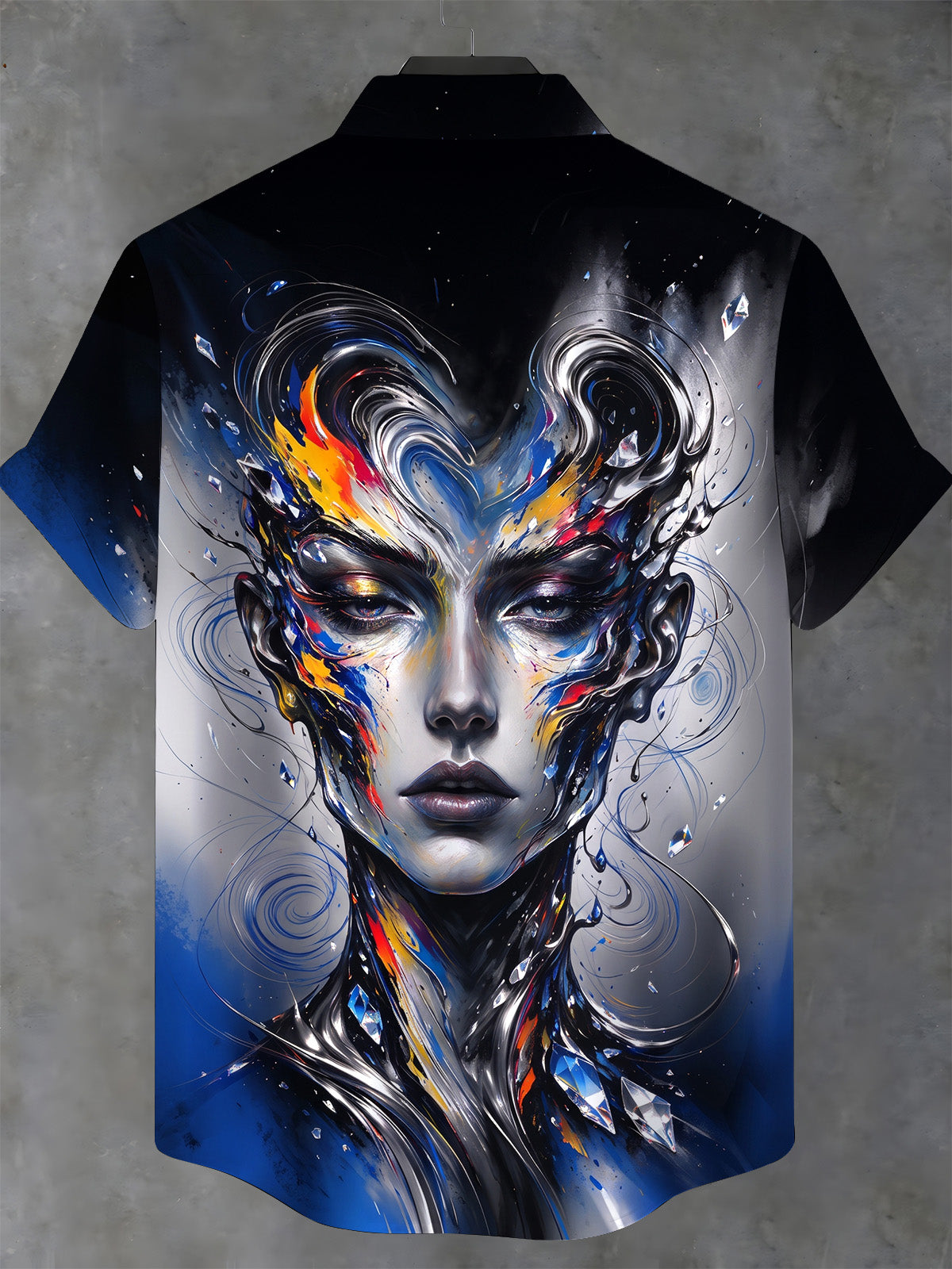 Adaychic Men's Short Sleeve Stand Collar Shirt - Abstract Surreal Face With Swirls And Crystals Print with Chest Pocket