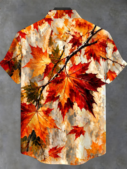 Adaychic Men's Autumn Maple Leaves Print Short Sleeve Stand Collar Shirt with Chest Pocket