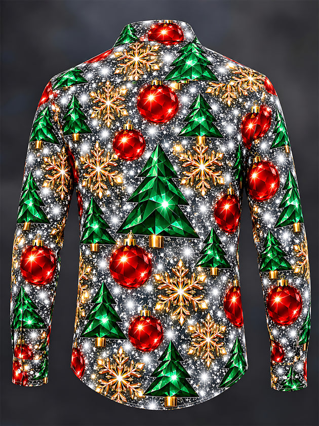 Adaychic Men's Printed Christmas Trees And Ornaments Print Long Sleeve Shirt with Chest Pocket