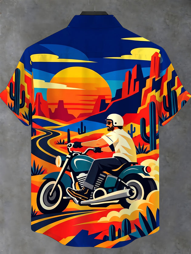 Adaychic Men's Short Sleeve Stand Collar Shirt - Motorcycle Rider In Desert Landscape Print with Chest Pocket
